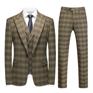 Costume Mariage Carreaux Homme 3 Pièces Slim Fit Vetement Cérémonie Business Elegant - Vert militaire