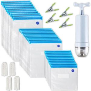 Sacs sous vide Homgeek lot35 PA&PE transparent +pompe main 4clips cuisson 4clips fermeture 22x21/26x28/26x34cm YYV