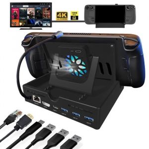 Steam Deck Stand Ventilateur de Refroidissement Hub 6 en 1 avec 1000 Mbps + HDMI 2.0 4K 60 Hz + 1 port USB-C + 3 ports USB 3.0