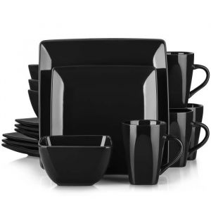 vancasso Série Soho Service de Table 16 pièces pour 4 Personnes Assiette Porcelaine Carrée avec Bol à Céréales et Tasse -Noir