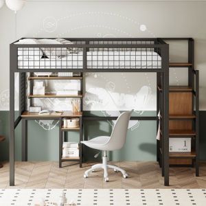 lit mezzanine metal 2 place avec bureau lit surélevé enfant140X200cm avec rangements ouverts armoire à structure en fer noir