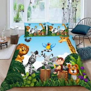 Housse de Couette 140x200 Safari 3D Motif 3 pièces Parure de lit Enfant Fille Garçon Housse de Couette Jungle avec Fermeture Éclair