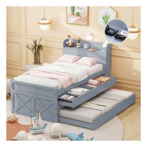 Lit 1 Personne 90 x 190 cm avec prise USB et tiroir Lit gigogne Lit enfant Tete de lit avec rangements Lit simple Gris Pin