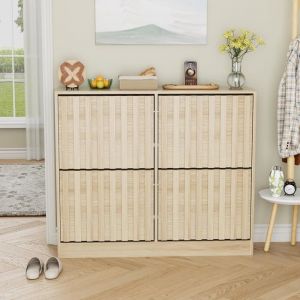 GOOBUY Armoire &agrave; Chaussures avec 4 Abattants Meuble &agrave; Chaussures Inclinable &Eacute;tag&egrave;re R&eacute;glable et Amovible 100x24x865cm Naturel
