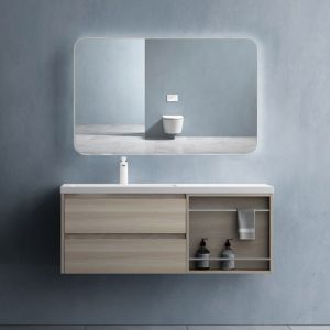 Sogood Meuble de Salle de Bain Ch&ecirc;ne Clair Ensemble de 3 Pi&egrave;ces avec Lavabo 120cm et LED Miroir avec 2 Tiroirs et 1 Compartiment