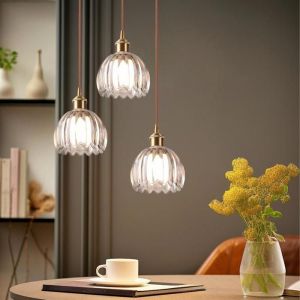Lampe suspension - 3 lampes - Abat-jour verre transparent - Laiton dor&eacute; - Style vintage/modern
