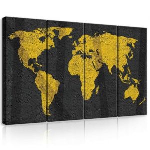 Impression sur Toile Carte jaune Monde Noir 120x80 cm XXL Tableau Décoration Murale Intissée pour Salon Chambre pret a accroche