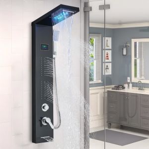 JUNSOTTOR Colonne de Douche - Hydromassant LED Panneau de Douche avec Buses Massants et Colonne Douche Cascade Murale LCD Affichage