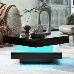 Table Basse Carr&eacute;e Noire Haute Brillance avec Plateau Pivotant &agrave; 360&deg; Table dappoint Moderne avec Lumi&egrave;re 16 LED 70x70x36 cm