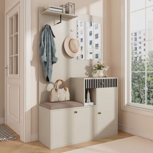 ensemble Vestiaire d’entrée - Vestiaire avec Banc Miroir et Meuble à Chaussures Compact MDF 110×37×1855 cm Beige Gris