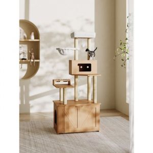 Arbre &agrave; chat - MODERNLUXE - 80x50x173 cm - Griffoir - Niche - 2 Gamelles - Bac &agrave; liti&egrave;re - Hamac - Naturel