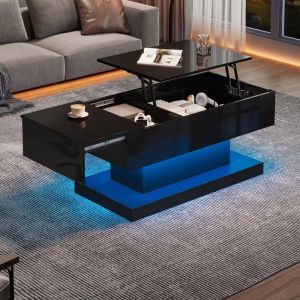 Table basse relevable brillante 100x50x45cm Table basse salon extensible moderne avec éclairage LED et rangement - Noir