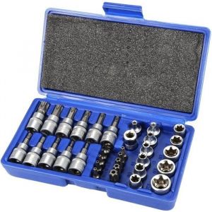 Coffret dEmbouts Torx et Douilles Hexagonales - 34 Pièces - Acier Chrome-Vanadium - Noir - Inclus 12 Douilles