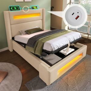 Lit 1 Place pour Adulte Ado Lit Coffre 90x200 Lit avec Rangement et LED Lit Une Personne USB Type-C Lin et Métal Coloris