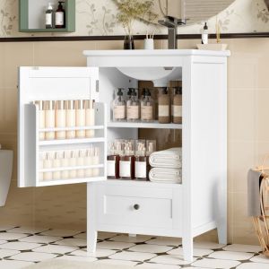 Petit Meuble sous vasque salle de bain tiroirs silencieux-Meuble lavabo main wc et bassin int&eacute;gr&eacute; blanc-51x46x85cm