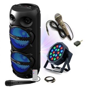 Pack Karaok&eacute; Enceinte Bluetooth 300W 2x8 LED TWS Party PLUTON - 2 micros - Projecteur PAR RGB PARTY-PAR181 - F&ecirc;te Soir&eacute;e