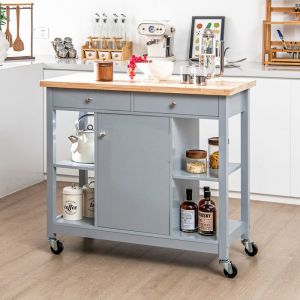 COSTWAY Desserte de Cuisine Mobile Plateau en Bois Hévéa Ilot de Cuisine 4 Etagères Ouvertes 2 Tiroirs Chariot de Service Gris