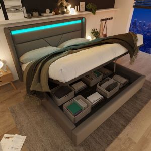 Lit coffre double 160x200cm pour adulte en simili cuir avec LED Coffre de rangement Sommier &agrave; lattes inclus Contemporain Gris