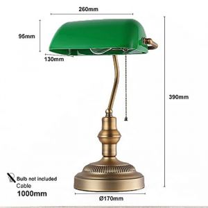 Lampe de Table et de Bureau Style Banquier Vintage Rétro avec Abat-jour Verre Vert et Laiton pour Ampoule E27 LED