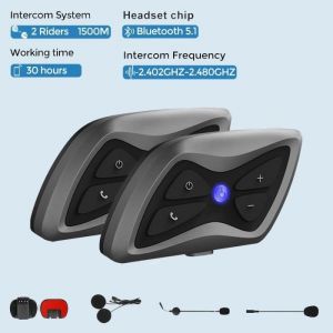 Intercom Moto Bluetooth 2pcs - Interphone pour Casque Moto Sans Fil - 1500m Etanche IP65 - Contrôler des Appels