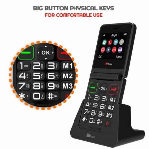 Téléphone portable pliable TTfone TT660 pour personnes âgées avec gros boutons assistance durgence Noir (avec Chargeur de Quai)