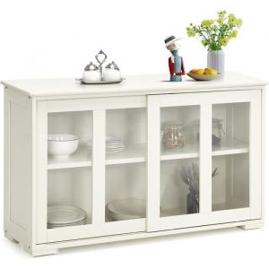 RELAX4LIFE Buffet de Cuisine  2 Portes Coulissantes en Verre & 2 Couches Réglables  Meuble Rangement 107x33x64 cm  Blanc Laiteux