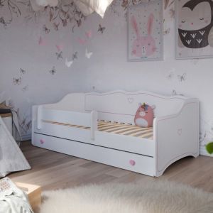 Lit enfant 80x180 EMMA - Blanc/rose - Avec sommier et tiroir lit pour fille