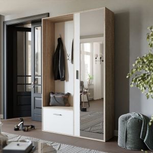 Vestiaire avec Miroir MIO - Porte-Manteau avec Meuble &agrave; Chaussures et &Eacute;tag&egrave;res - Ch&ecirc;ne Sonoma/blanc - 120 x 33 x 1955 cm