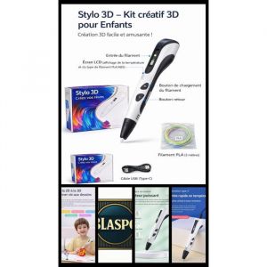 Stylo 3D Enfant &ndash; Kit Stylo Impression 3D avec Filament PLA 3 m et C&acirc;ble USB-C Stylo 3D Cr&eacute;atif pour Dessin 3D