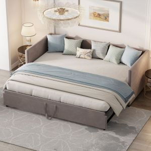 Lit gigogne 90/180 x 200 cm Canapé-lit extensible Lit double rembourré  Lit en velours avec sommier à lattes Lit de palette Gris