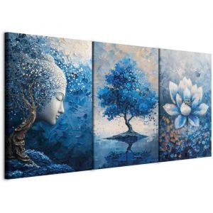Ensemble de 3 pièces 30x40cm Impression sur toile avec cadre pour salon et chambre Nature Bleue - Bouddha Arbre et Lotus Zen