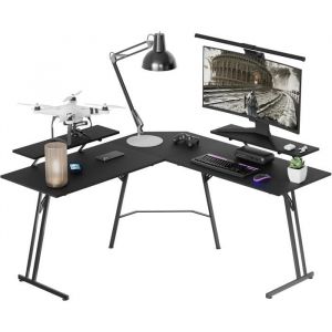 Aufun Bureau Gaming 140x50x73 CM Ergonomique Avec Support &Eacute;cran Plateau Fibre Carbone Bureau D&rsquo;angle L PC Noir