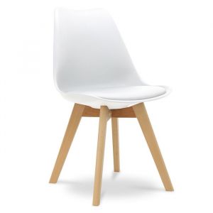 Chaise de bureau scandinave blanche - Pieds bois et assise confort simili cuir - Style nordique pour bureau ou maison