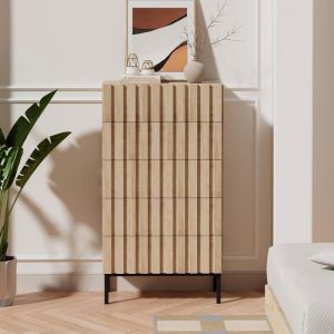 GOOBUY Commode à 5 tiroirs 60cm Commode Étroite avec Grand Espace de Rangement Pieds Métal Motif de Ligne 60x34x110cm Naturel