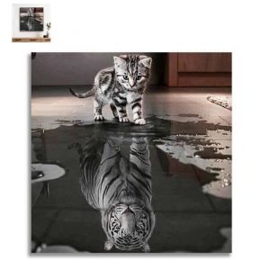 Tableau - TECH DISCOUNT - Peinture à la broderie chat tigre - 25x25cm - Décoration intérieure - Noir et blanc