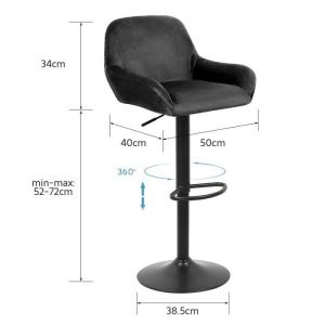 Tabouret de Bar Nordique en Velours - YIS - Lot de 2 - R&eacute;glable en hauteur - Avec accoudoirs - Noir