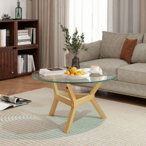 Table basse en verre tremp&eacute; table de salon avec pieds ajustables et cadre en acier petite table ronde pour le salon tra