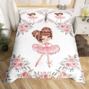 Housse de Couette 140x200 Parure de Lit Ballet Danseuse Couvre Lit Ballerine Mignonne Sets de Housses de Couettes Fleurie Feuilles