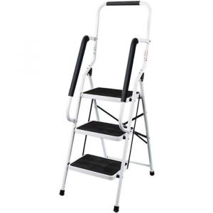 Escabeau 3 marches Pliable Escabeau avec main courante Compact Robuste Marches en acier de haute qualit&eacute; avec tapis antid&eacute;rapant