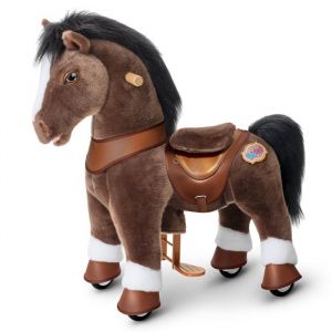 PonyCycle Mod&egrave;le Y poney chocolat 3-4 ans jouet cheval &agrave; roulettes en peluche avec frein cadeau pour enfants