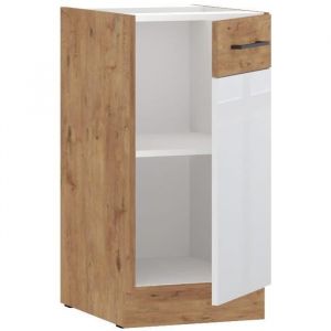 ROCK - Meuble bas - Mélaminé chêne Lancelot et Blanc brillant - 40 cm - 1 porte battante - Plan de travail non inclus