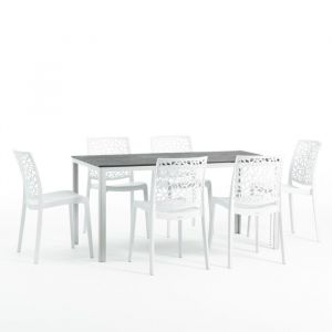 Set de jardin avec table Thomas et 6 chaises Anna structure en fer  chaises en r&eacute;sine (Blanc/Ardoise)