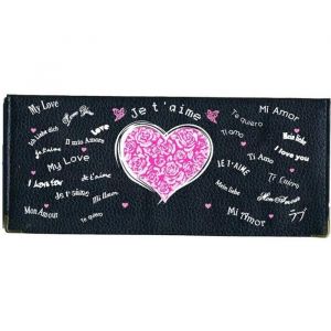 Porte chequier long en cuir noir pour Femme peace fleur