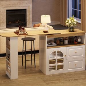 Table Bar Extensible Tournante 360&deg; Portes en Verre Incurv&eacute; 2 Tiroirs - Design Moderne Multifonction Pour Salon/Cuisine Blanc