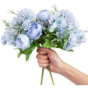Fleurs artificielles lot de 2 pivoines artificielles en soie bleu clair hortensias décoratifs œillets en plastique