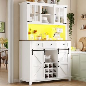 Buffet de Cuisine Armoire - Becag - Meuble Buffet haut avec LED - Buffet Salon avec 4 Portes et 3 Tiroir- 105x38.4x180cm - Blanc