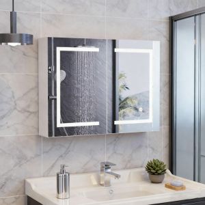 Armoire de salle de bain avec LED miroir Meuble Mural Salle de Bain Armoire 3 &eacute;tag&egrave;res ouverts 2 portes miroir Blanc