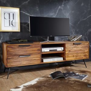 Meuble TV 1 porte et 2 tiroirs 160x40x54 cm en sheesham et m&eacute;tal