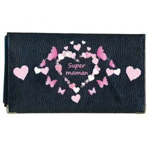 Porte ch&eacute;quier porte carte en cuir noir Coeur personnalise avec votre coeur message