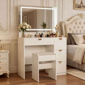 Coiffeuse avec miroir et tabouret USB LED tiroirs support pour sèche-cheveux 90 x 40 x 140 cm blanc